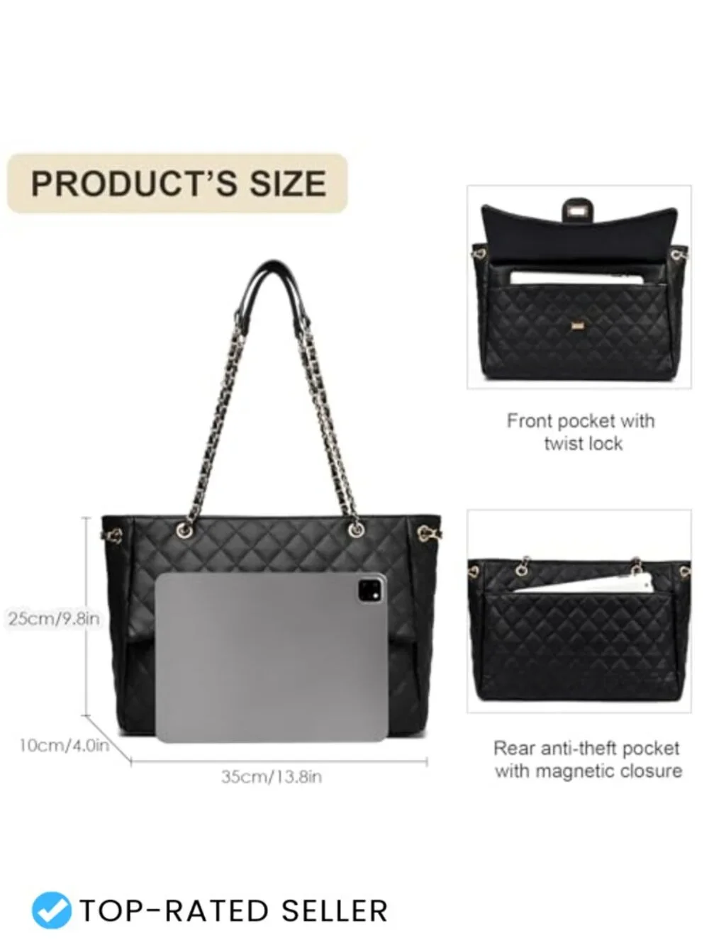 Quilted Satchel Tote Bag with Leather Crossbody Strap for Women Work Travel